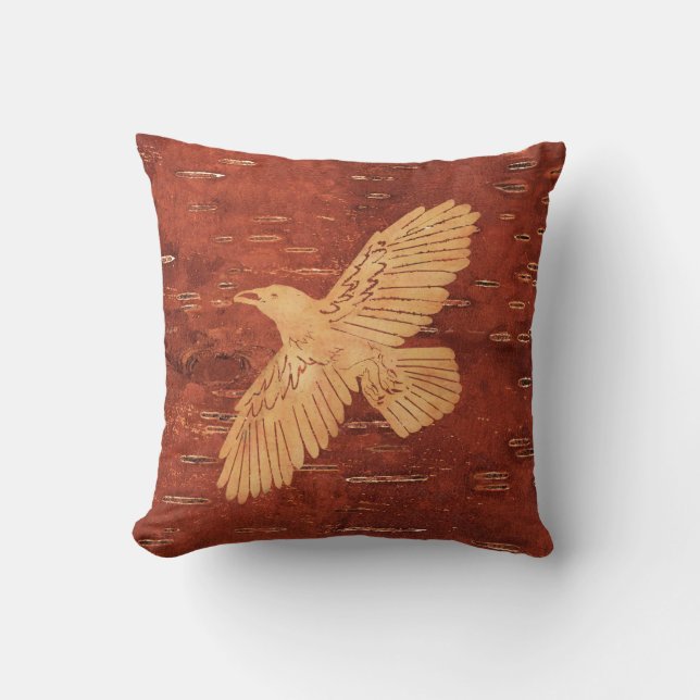 Rustic Raven On Inner Birch Bark Cushion (Front)