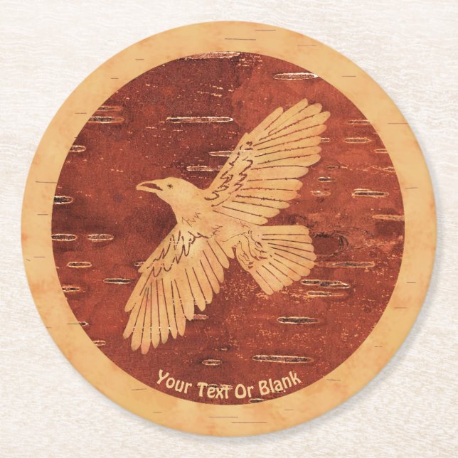 Rustic Raven On Inner Birch Bark Round Paper Coaster (Front)