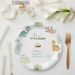 Rustic Rawr Volcano Tropical Dinosaur Baby Shower Paper Plate
