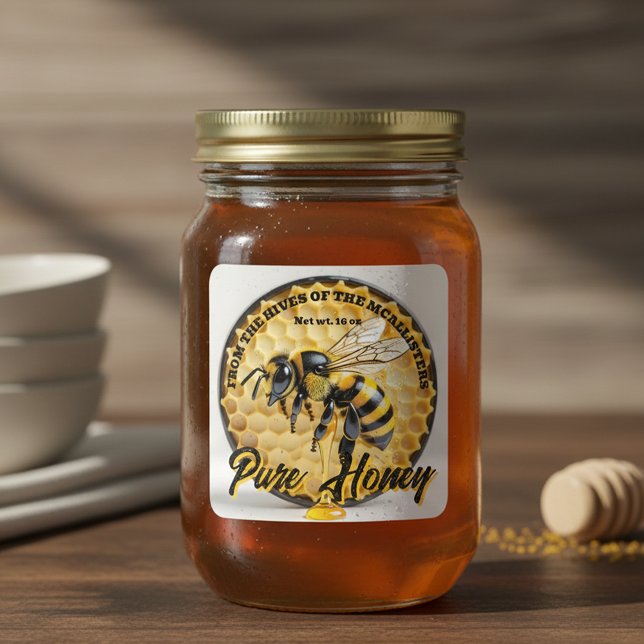 Rustic Realistic Honey Bee & Honeycomb Apiary Jar Square Sticker (Creator Uploaded)