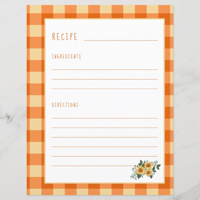 Rustic recipe page for cookbook binder organiser (Front)