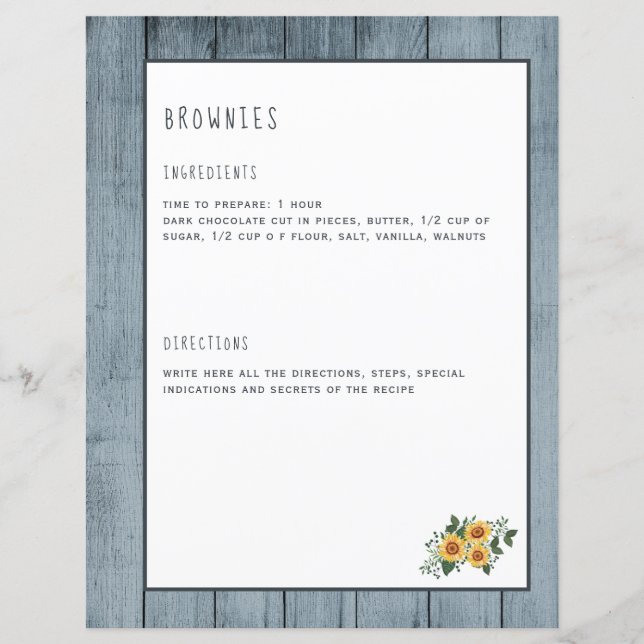 Rustic recipe pages for cookbook binder organiser (Front)