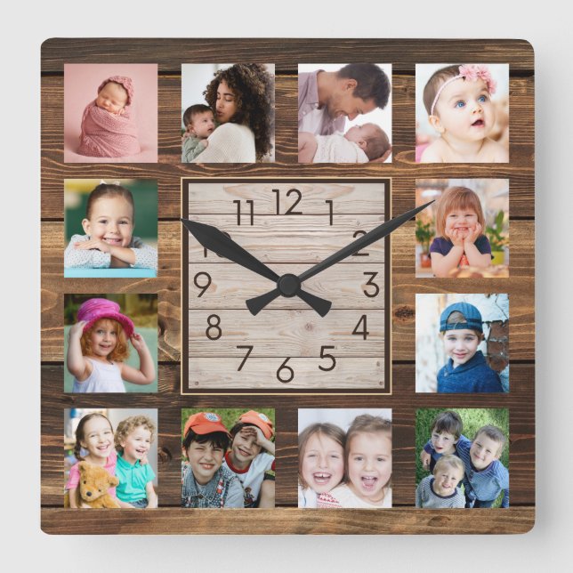 Rustic Reclaimed Wood Farmhouse 12 Photo Collage  Square Wall Clock (Front)