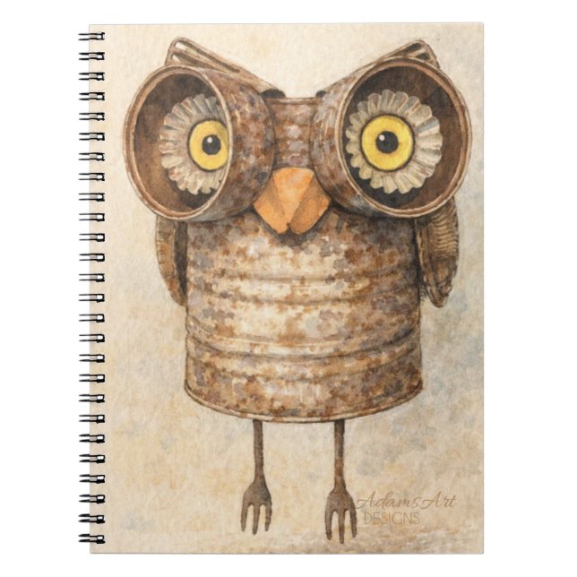 Rustic Recycled Owl Watercolor Art Notebook (Front)