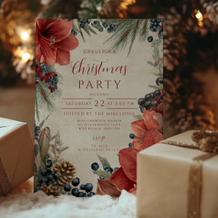 Rustic Red Amaryllis Christmas Party Invitation