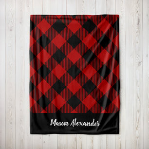 Rustic Red and Black Buffalo Check Monogram Fleece Blanket