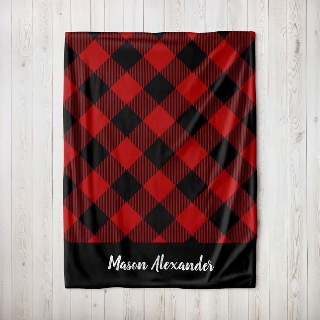 Rustic Red and Black Buffalo Check Monogram Fleece Blanket (Creator Uploaded)