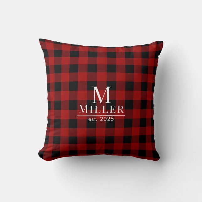 Rustic Red and Black Buffalo Check Monogram Name Cushion (Front)