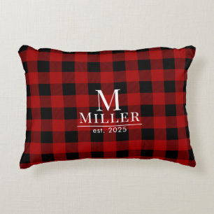 Rustic Red and Black Buffalo Check Monogram Name Decorative Cushion