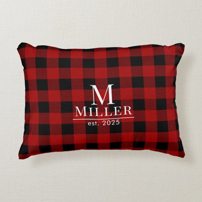 Rustic Red and Black Buffalo Check Monogram Name Decorative Cushion (Front)