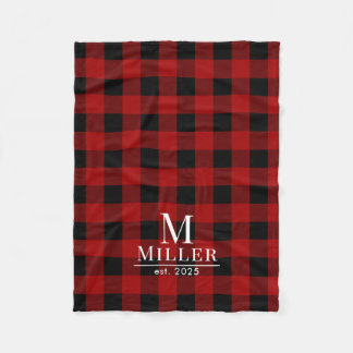 Rustic Red and Black Buffalo Check Monogram Name Fleece Blanket
