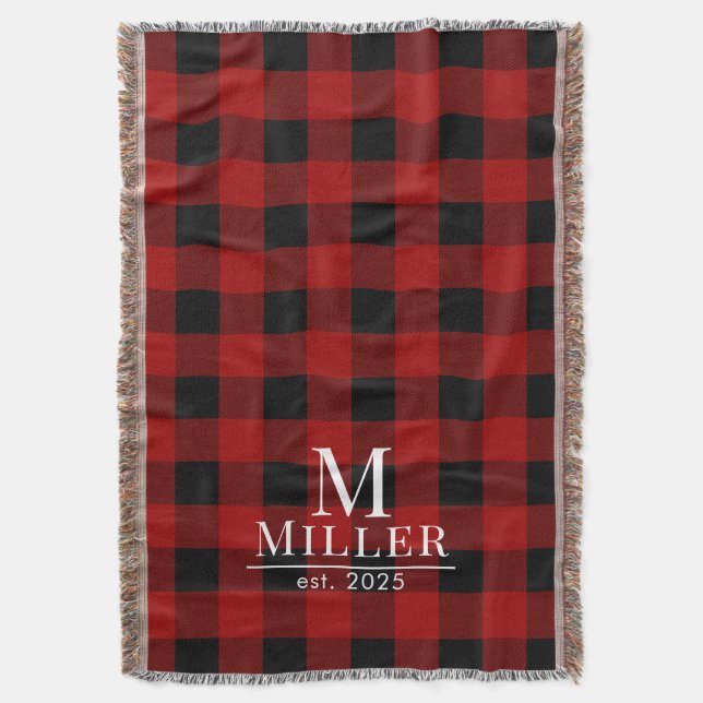 Rustic Red and Black Buffalo Check Monogram Woven Throw Blanket (Front Vertical)
