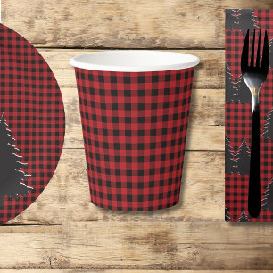 Rustic Red and Black Buffalo Plaid Christmas Trees Paper Cups