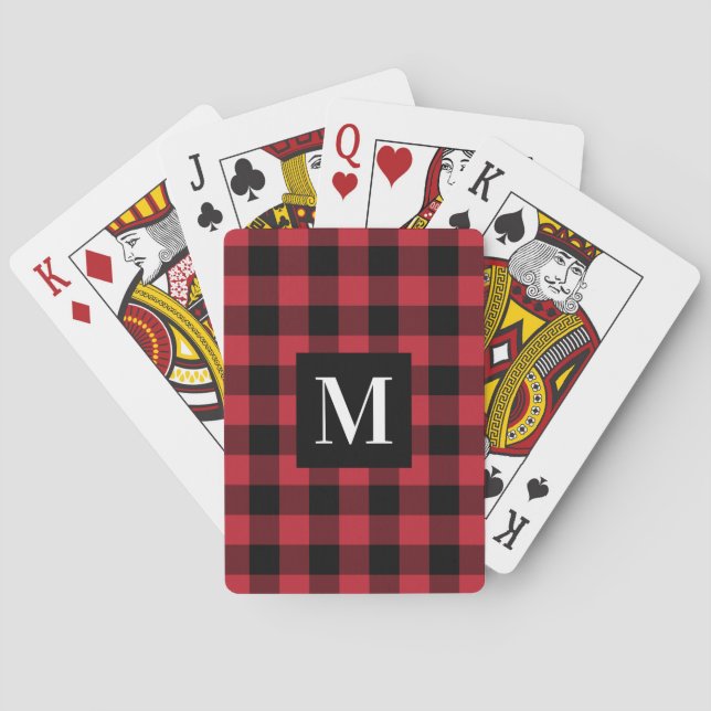 Rustic Red and Black Buffalo Plaid Custom Monogram Playing Cards (Back)