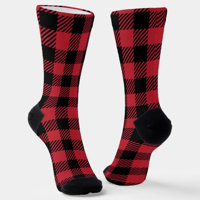 Rustic Red and Black Buffalo Plaid Flannel Socks (Angled)