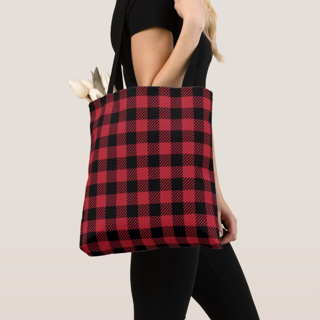 Rustic Red and Black Buffalo Plaid Flannel Tote Bag (Close Up)