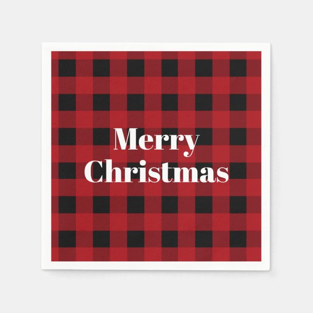 Rustic Red and Black Buffalo Plaid Merry Christmas Napkin (Front)