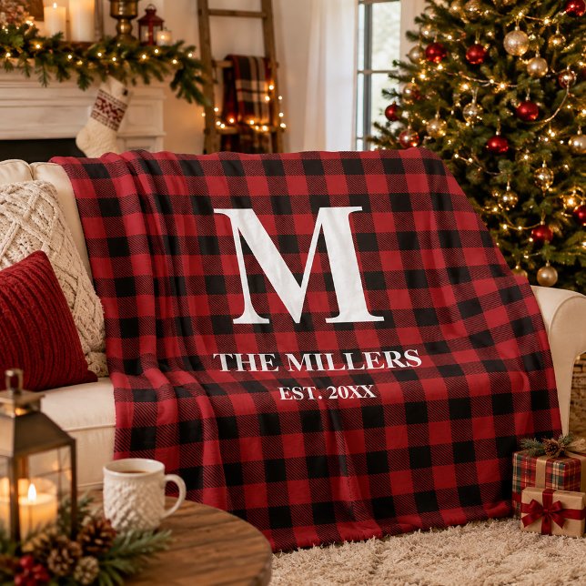 Rustic Red and Black Buffalo Plaid Monogram  Fleece Blanket (Rustic Red and Black Buffalo Plaid Monogram Fleece Blanket)
