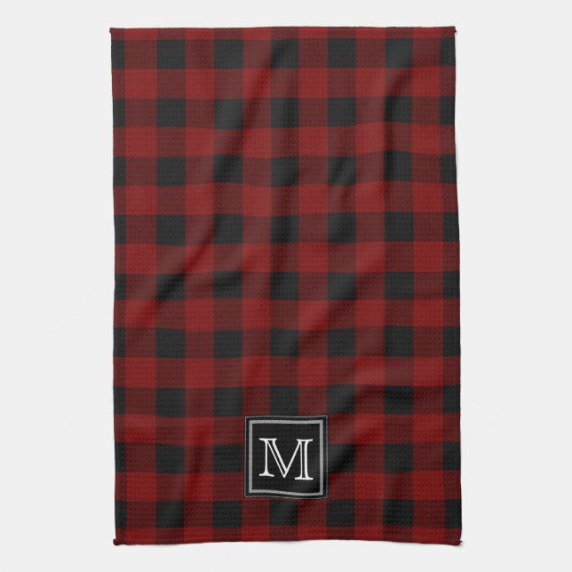 Rustic Red and Black Buffalo Plaid Monogram Tea Towel (Vertical)
