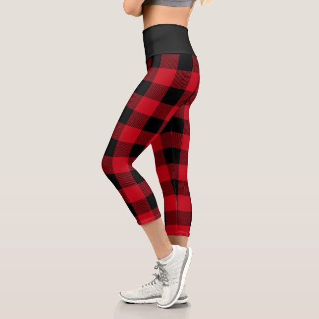 Rustic Red and Black Buffalo Plaid Pattern Capri Leggings (Left)