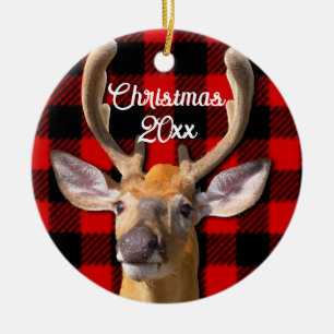 Rustic red and black plaid - Deer Ceramic Tree Decoration