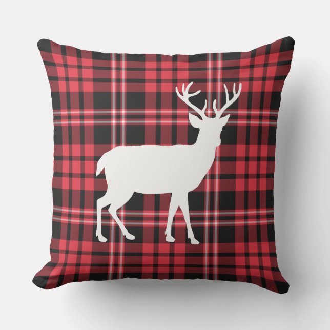 Rustic Red And Black Plaid Deer Christmas Cushion (Front)