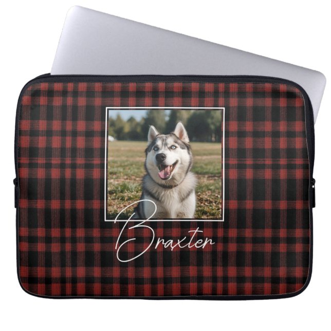 Rustic Red and Black Plaid Pattern Photo Laptop Sleeve (Front)