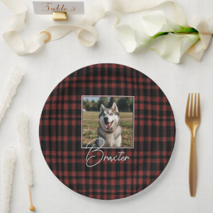 Rustic Red and Black Plaid Pattern Photo Paper Plate
