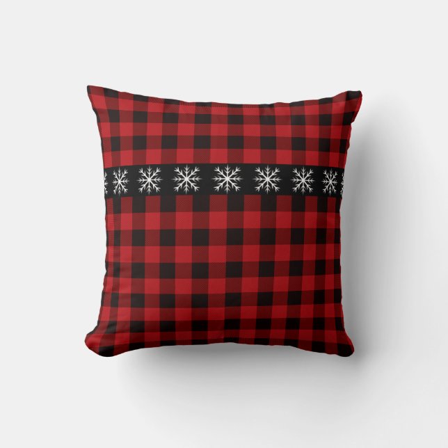Rustic red and black plaid -snow flake cushion (Front)