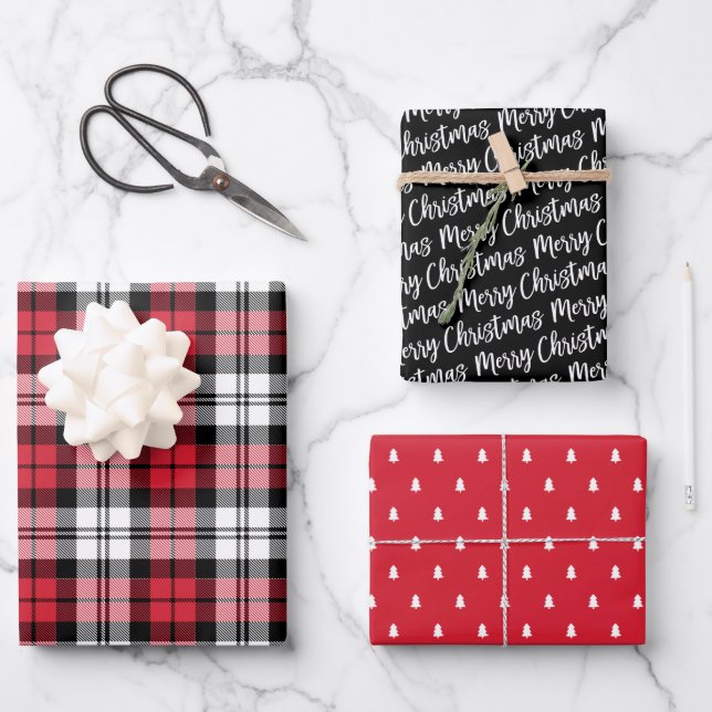 Rustic Red and Black Watch Plaid Merry Christmas Wrapping Paper Sheet (Front)