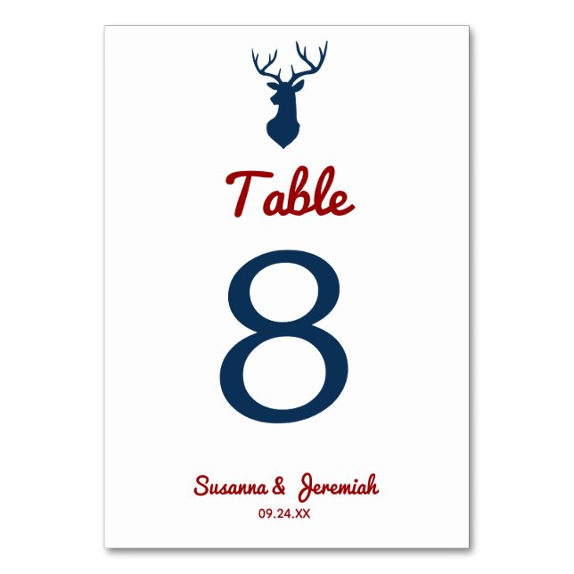 Rustic Red and Blue Buck Deer Wedding Reception Table Number (Front)