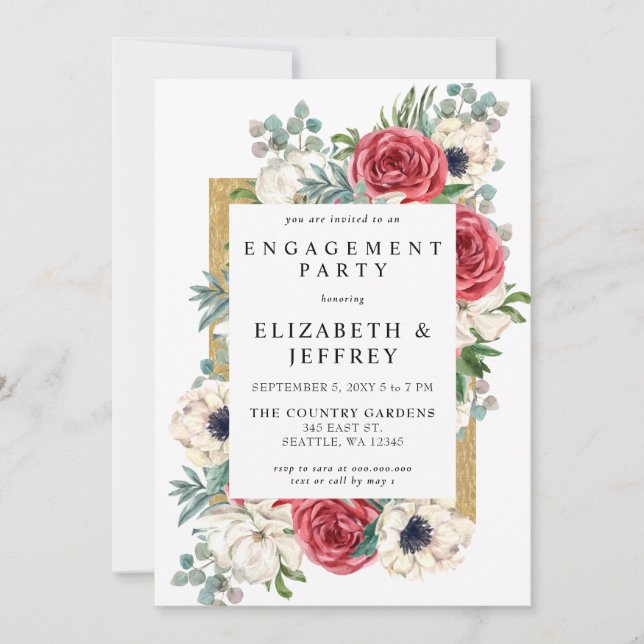 Rustic Red and Gold Floral Engagement Party Invitation (Front)