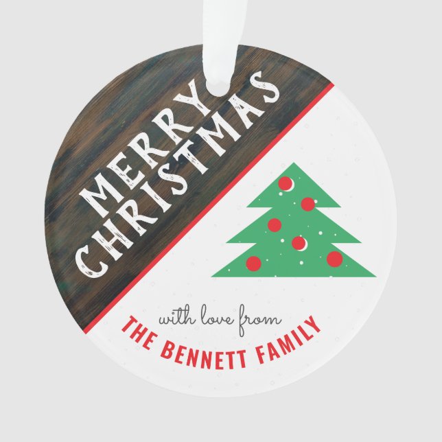 Rustic Red and Green Christmas Tree Family Holiday Ornament (Front)