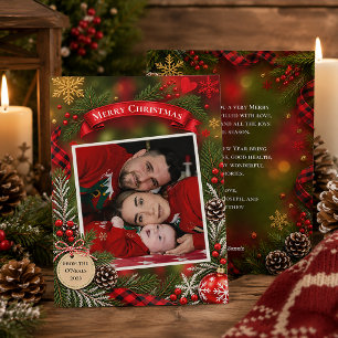 Rustic Red and Green Family Photo Christmas   Holiday Card