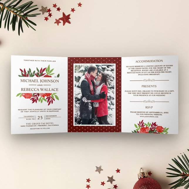 Rustic Red and Green Leaves Photo Wedding Tri-Fold Invitation (Creator Uploaded)