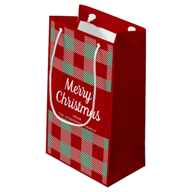 Rustic Red And Green Plaid Christmas Small Gift Bag (Back Angled)