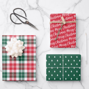 Rustic Red and Green Watch Plaid Merry Christmas Wrapping Paper Sheet