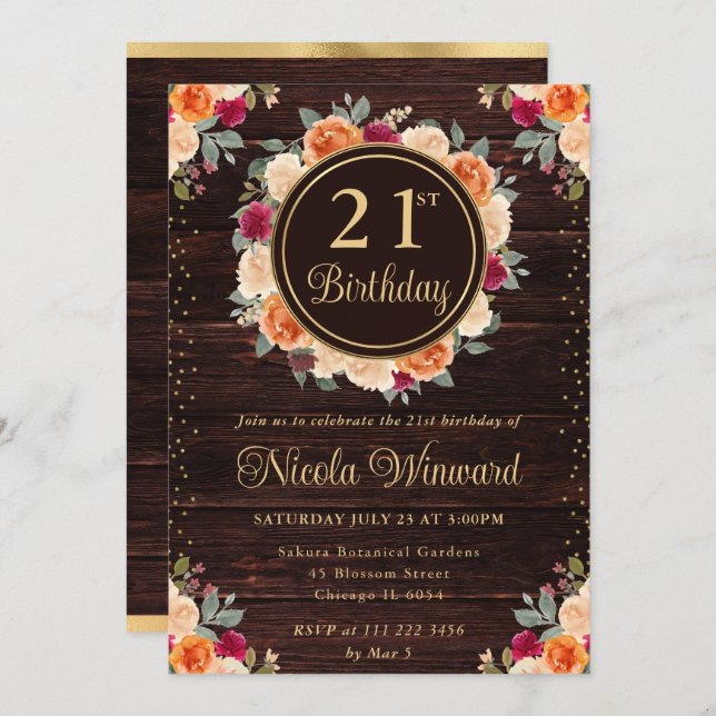 Rustic Red and Orange Fall Flowers Wreath Birthday Invitation (Front/Back)
