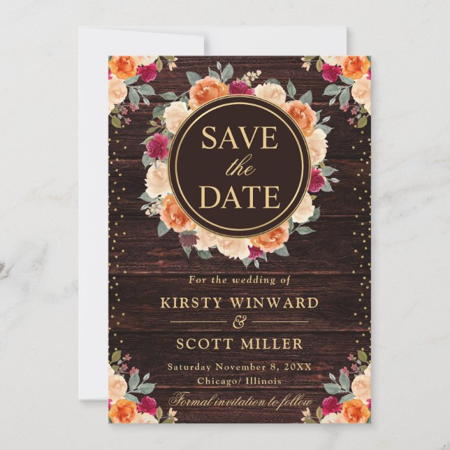 Rustic Red and Orange Fall Flowers Wreath Wedding Save The Date (Front)