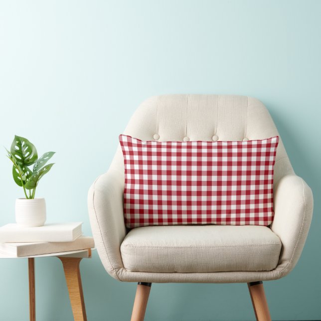 Rustic Red And White Gingham Checks Pattern Lumbar Cushion (Chair)