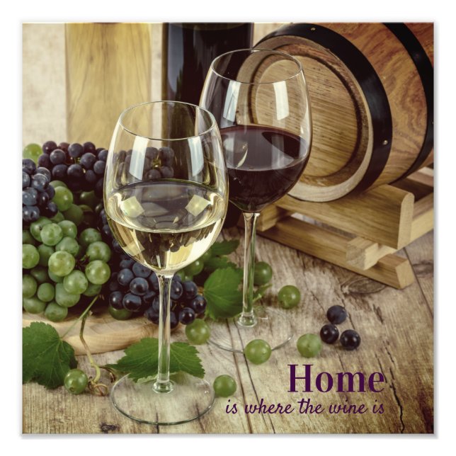 Rustic Red and White Wine Glasses Grapes Barrel Photo Print (Front)