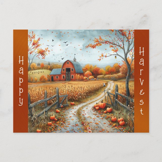 Rustic Red Barn Autumn Illustration Holiday Postcard (Front)