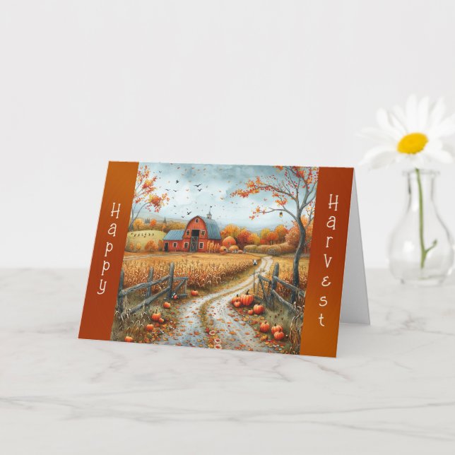 Rustic Red Barn Autumn Illustration Thanksgiving Card (Small Plant)