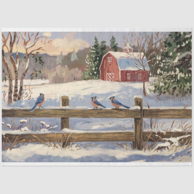 Rustic Red Barn Blue Jays Farmhouse Decoupage Tissue Paper (Front)