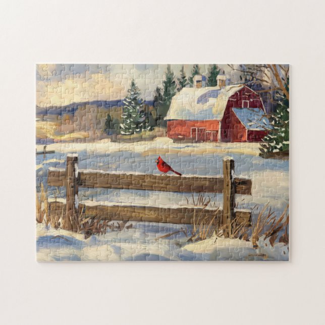 Rustic Red Barn Cardinal Bird Farmhouse Jigsaw Puzzle (Horizontal)