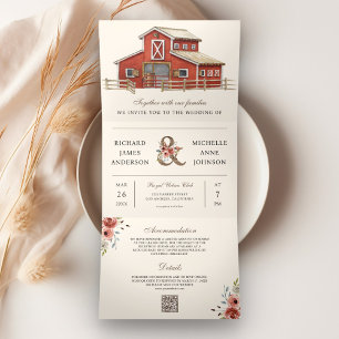 Rustic Red Barn Country Farm QR Code Wedding Tri-Fold Invitation
