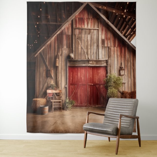 Rustic Red Barn Door Hanging Tapestry (In Situ)