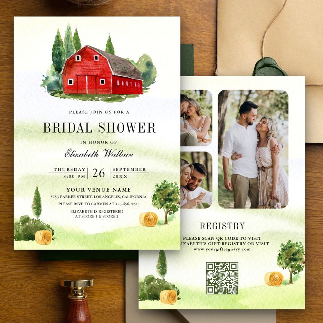 Rustic Red Barn Rural Farm Photo Bridal Shower Invitation (Creator Uploaded)