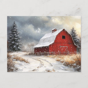 Rustic Red Barn Winter Scenic Art Postcard