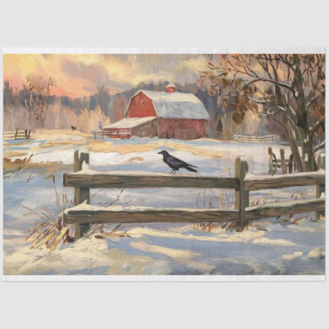 Rustic Red Barn with Crow Farmhouse Decoupage Tissue Paper (Front)